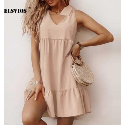 Sexy V Neck Womens New Casual Solid Color Sleeveless Pleated Short Dress Fashion Loose Summer Elegant Slim Party Beach Dresses