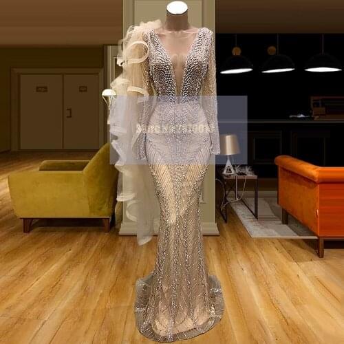 Arabia 2020 Newest Pageant Evening Dresses Long Sleeves Crystals Beaded Sequins Prom Dress Celebrity Dress Vestidos Formales