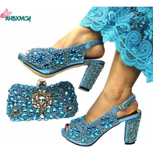 Mature Style New Design High Quality African Women Shoes Matching Bag in Sky Blue Color for Evening Dress