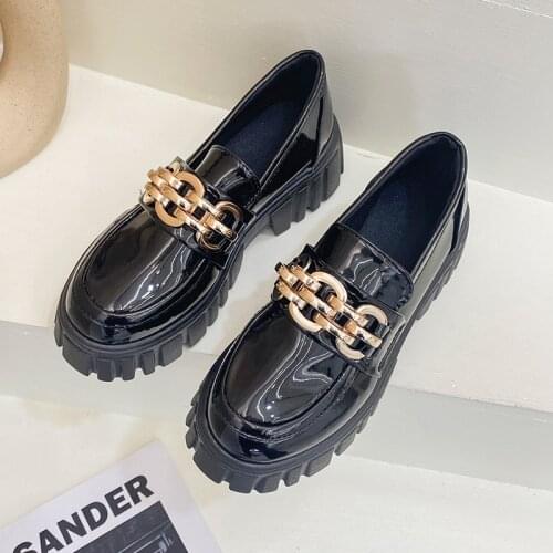 2021 Fashion Metal Chain Designer Platform Oxfords Shoes Women Loafers Black Brown PU Leather Flats Platform Casual Shoes