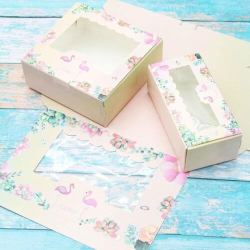50 Pcs Flamingo Gift Paper Box Birthday Wedding Party Kraft Paper Box With Window Cake Packaging Candy Cookies Cupcake Boxes