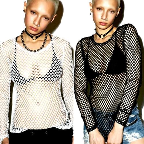 Sexy Fishnet Tops New Fashion Womens Mesh Fishnet Long Sleeve Blouse Top Ripped shirt Summer Ladies Gothic Shirt