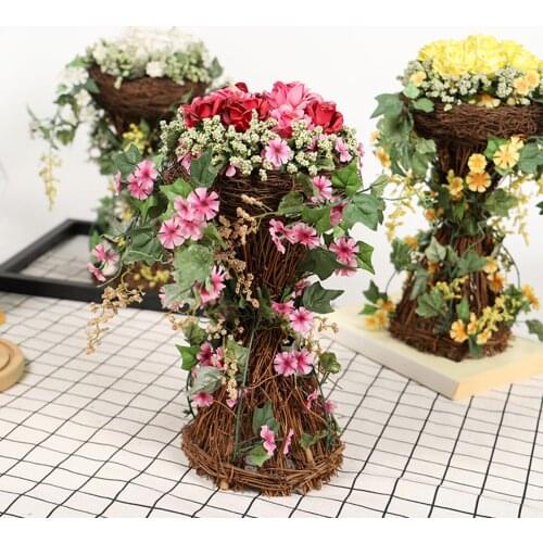 Potted Flower Centerpieces Handmade Rattan Basket Fake Rose Flower Decor