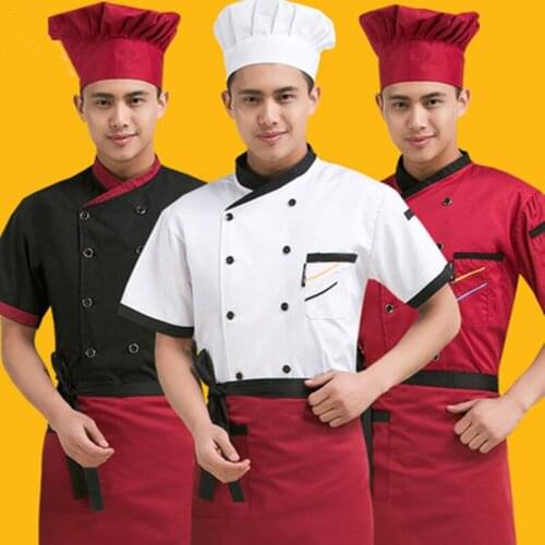 Hotel restaurant kitchen short sleeve sleeve colorfast and shrink resistant denim black/red/white chef uniform cook jacket