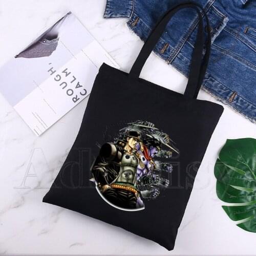 Jojo Bizarre Adventure Graphic Cartoon Printed Canvas Shoulder Bag Female Harajuku Funny Eco Environmental Shopper Bag Black