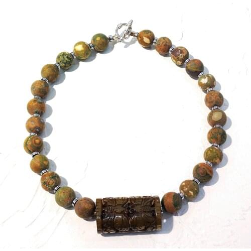 Lii Ji Real Stone Necklace Brown Green Opal Agate Hematite Jade Pendant Choker Necklace 50cm for Women Jewelry