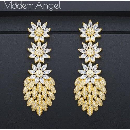 ModemAngel Luxury flower Luxury Wheat Full Micro Cubic Zirconia Women Bridal Wedding Engagement Earring Jewelry