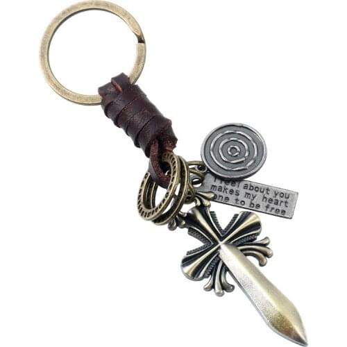 Fashion Cross Keychain Genuine Leather Holder Sword Pendant Unisex Car Key Chain Keyring Bag Accessories Retro Women Men Jewelry