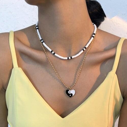 Fashion yinyang Black White love Heart Pendant Necklace Women Boho Soft Clay Choker Collar Layered Necklace Statement pendants