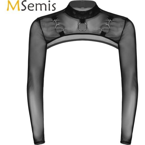Mens Lingerie See-Through Mesh Half Crop Top Mock Neck Long Sleeve O-Ring Decor T-Shirt Party Stage Performance Clubwear