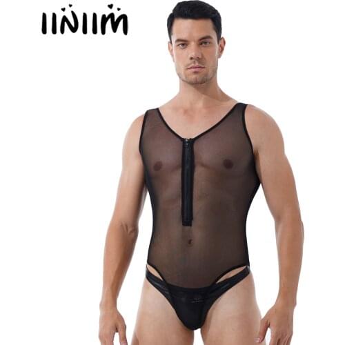 Mens See Through Sheer Mesh Lingerie Bodysuit Underwear One-piece Deep U-neck Sleeveless Front Zippered High Cut Teddy Bodysuit