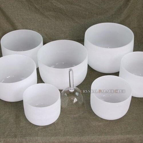 8pcs crystal singing bowl set of C D E F G A B 8-14" frosted white quartz singing bowls and C5 high sound clear handle bowl