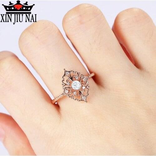 New Delicate Rivet Zircon Ladies Elegant Wedding Party Ring Vintage Diamond Shaped Openwork Rose Gold Flower 14k Gold Jewelry