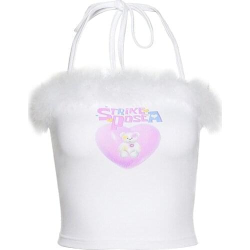 New Arrival Fashion Women’s Sexy Halter Tank Tops Fluff Edge Pattern Printed Sleeveless Tube Tops Vests