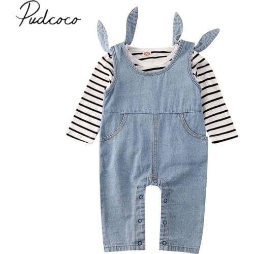 2020 Baby Spring Autumn Clothing Newborn Toddler Baby Boy Girl Clothes Cotton Striped Tops Denim Bib Pants Outfits Set 0-18M