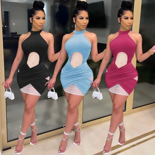 TNNAOFF Hollow Out Mesh Sheer Bodycon Mini Dress for Women Summer Vacation Outfits Sexy Sleeveless Streetwear Club Party Dresses