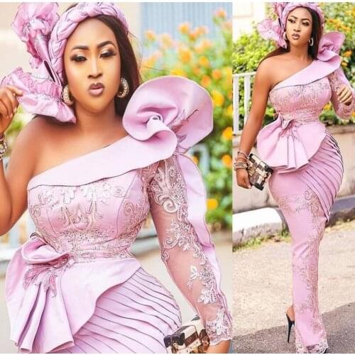 Aso Ebli Style One Shoulder Prom Dresses Ruffles Lace Appliques Long Sleeves Evening Gowns Plus Size Floor Length Party Dress