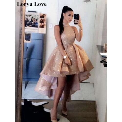 Elegant Rose Gold Prom Dresses 2020 Women Formal Party Night Evening Dress Sexy Short Front Long Back Sleeveless Vestido De Gala