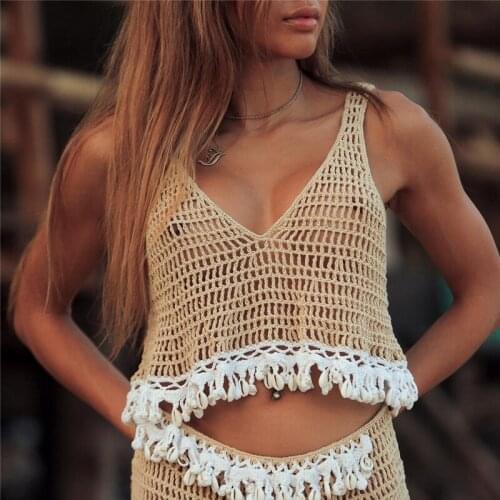 2019 New Beach Cover Up Bikini Crochet Knitted Tassel Tie Beachwear Summer Swimsuit Cover Up Sexy See-through Beach Top