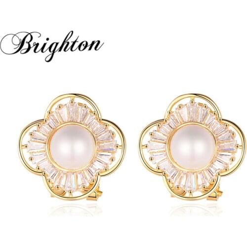 Brighton Delicate Engagement Gift Flower Shell Pearl Stud Earrings For Women Girl Party Crystal Trendy Jewelry High Quality 2021