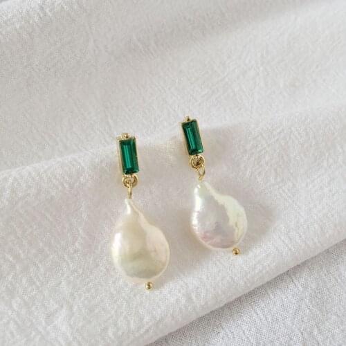 Korean Large Baroque Pearl Drop Earrings for Women Geometric Genuine Freshwater Pearl Earrings Green Crystal Drop Earrings