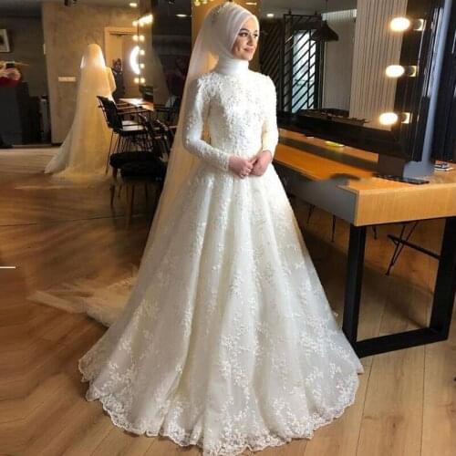 Ivory Full Lace Pearls Muslim Wedding Dress without Hijab Long Sleeves Arabic Bridal Gowns Dubai Bride Dresses Modest Gowns