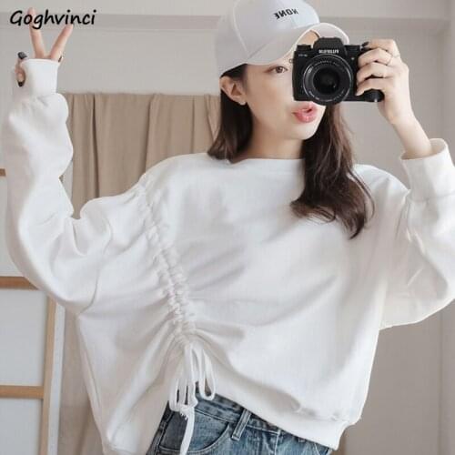 No Hat Hoodies Women Solid Drawstring Spring Short-style Loose Leisure Girls Sweatshirts Korean Simple Fashion Female Tops Ins