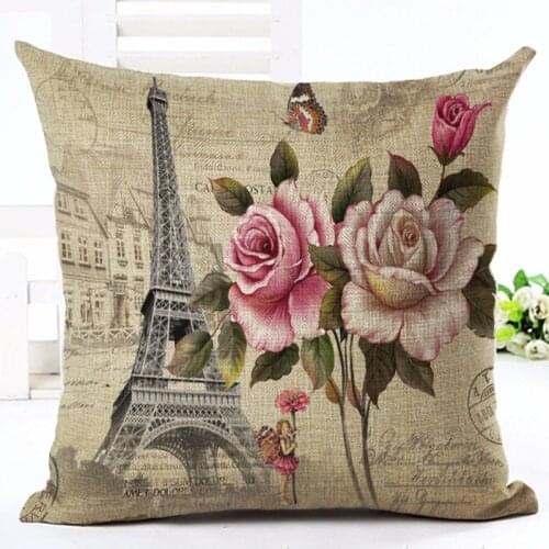 Vintage Style Flowers Printed Cushion Cover Eiffel Tower Decorative Sofa Throw Pillow Car Chair Home Decor Pillow Case Almofadas