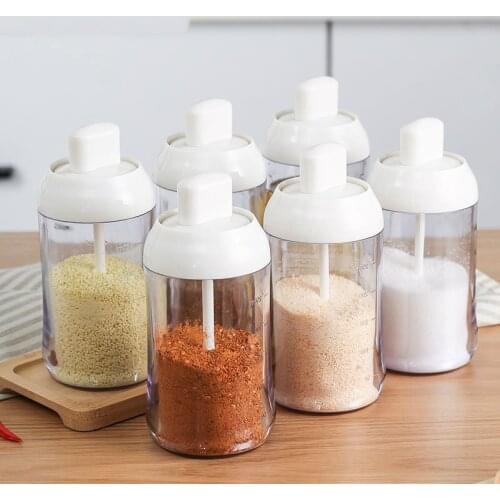 Japan Spice Jar Plastic Condiment Bottles with Spoon Kitchen Seasoning Salt Oil Honey Container Home Paprika Garlic Storage Box