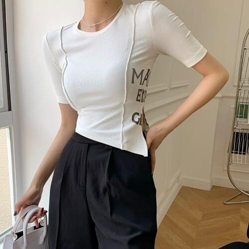 2021Summer New printing Ribbing Tight O collar Short Sleeve T-Shirt Short Style irregular Split fork Womens T-Shirt