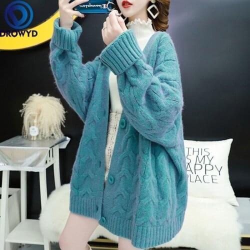 Winter Thick Sweater Cardigan Womens Loose Mid-length Autumn Clothing 2021 Fashion Blue V-neck Single-breasted Knitted Jacket