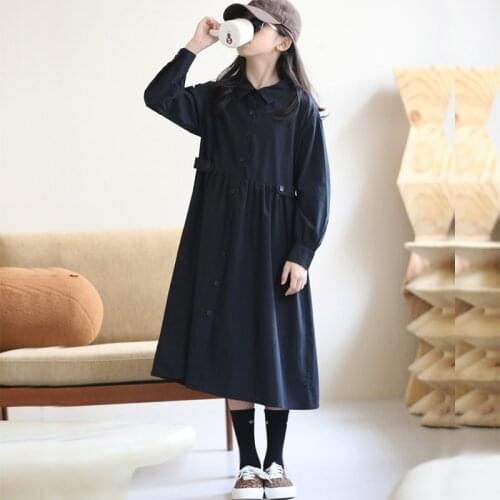 100% Cotton Teenager Dress Kids Girls Shirts Dress Autumn Spring Dark Blue Single Beasted Children School Dresses Casual Buttons
