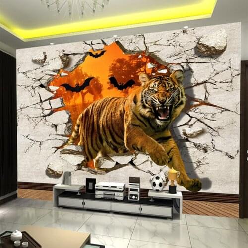 Large Custom Wall Mural Non-woven Wallpaper Wall Painting Tiger Broken Wall 3D Creative Living Room TV Backdrop Photo Wall Paper