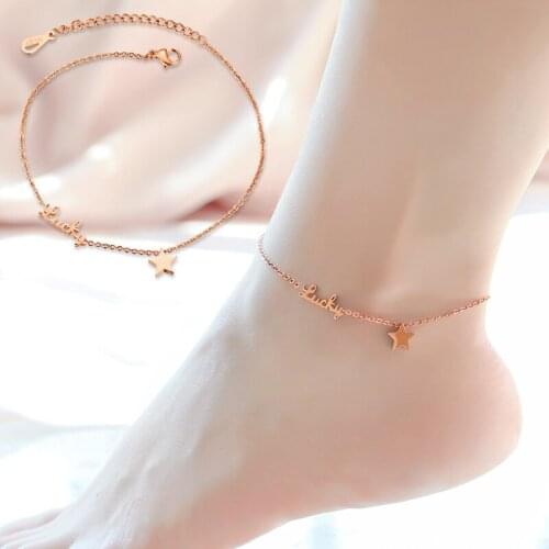 New Fashion Top Quality Rose Gold color Titanium Steel Letter Lucky and Star Charms Women Anklets/ Trendy women Bracelets
