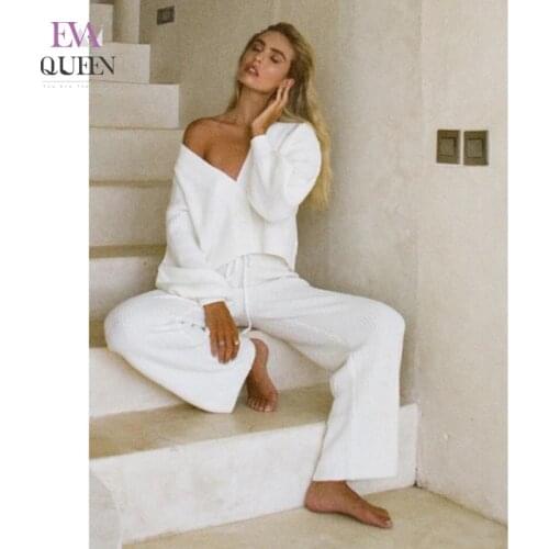 EvaQueen Elegant Knitted Two Pieces Sets Women Long Sleeve Buttons Top And Elastic Pants Sets Female Fashion Outfits Autumn Set