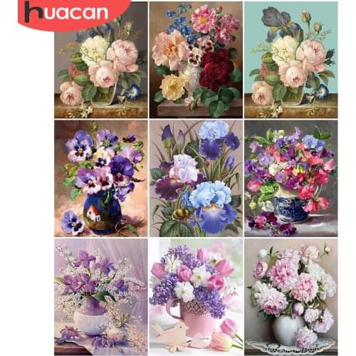 HUACAN Painting By Number Pink Flower Kits Handpainted Picture By Number Vase Purple Drawing On Canvas Home Decoration DIY Gift