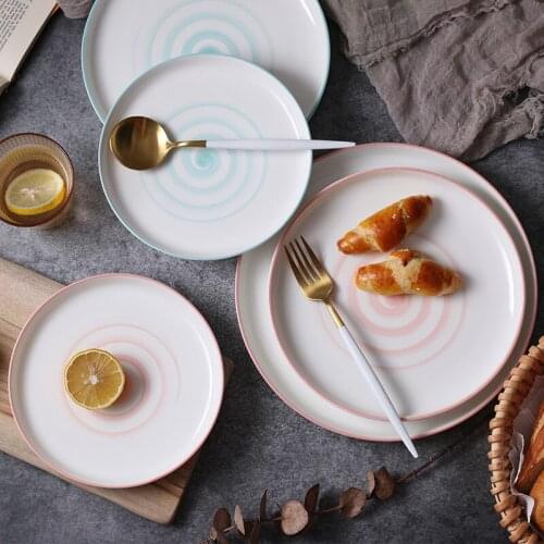 Nordic Hand-Painted Threaded Ceramic Plates Creative Simple Home Restaurant Pasta Dessert Fruit Croissant Round Ceramic Plates
