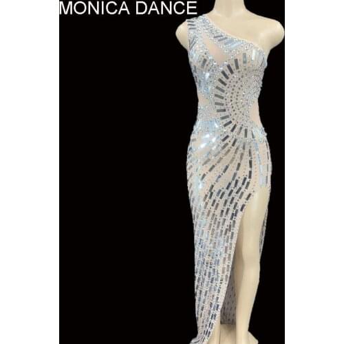 Club Sexy Stage Rhinestone Sequin Perspective Party Dress Women See Through Dress Birthday Evening Long Dress Singer Stage Wear