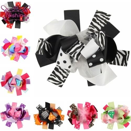 Fashion Dots Print Grosgrain Ribbon Bowknot Baby Hair Clips Cute Feather Bows Toddler Hairpins Party Decoration Kids Accessories