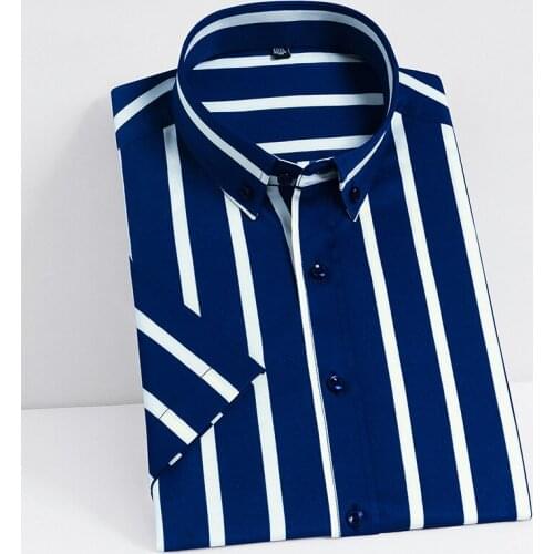 Mens Summer Short Sleeve Silky Fabric Striped Shirts Pocketless Wrinkle Free Casual Standard-fit Easy Care Button-down Shirt