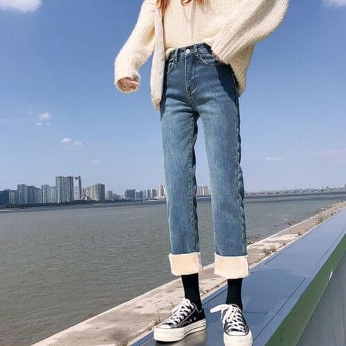 Winter New Women Plus Velvet Velvet Ankle-length Jeans Pants Fashion High Waist Wide Leg Pants Jeans Casual Loose Warm Denim