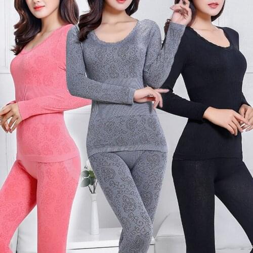 New Thermal Underwear Set For Women Cotton Elastic Underwear Long Sleeve Solid Printed Thermal Tops + Pants Winter Warm Suit