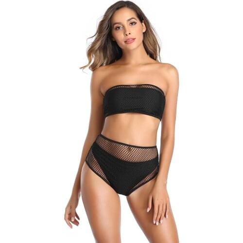 WTCandy 2021 New Black Sexy Lace 3 Piece Swimwear Women White Bandeau Bikini Solid Swimsuit Beach Biquini Mesh Bathing Suit