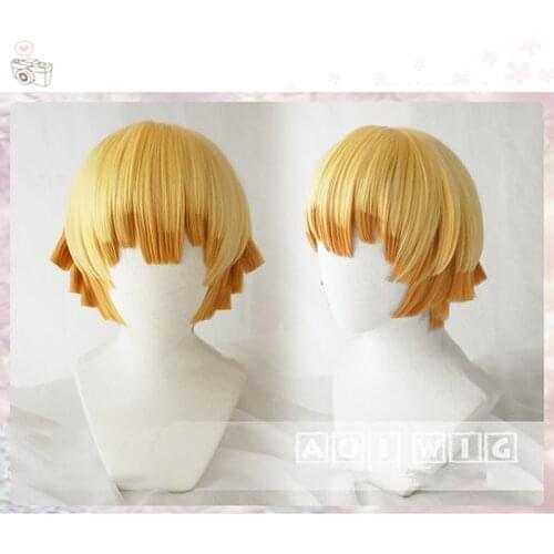 Anime Demon Slayer: Kimetsu no Yaiba Zenitsu Agatsuma Short Golden Brown Wig Heat Resistant Hair Cosplay Costume Wig + Wig Cap