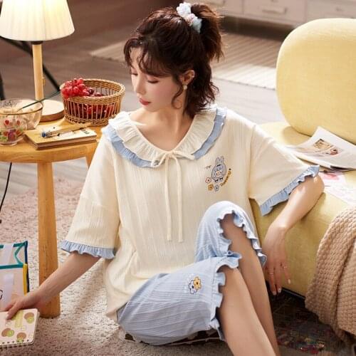 Pajamas womens summer new cotton short sleeve thin Capris, sweet and lovely, can wear large size womens home suit