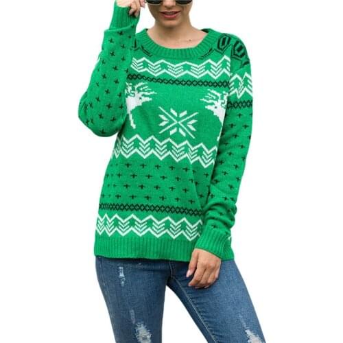 Christmas Women’s Casual Long Sleeve Sweater Cartoon Snowflake Fawn Jacquard Round Neck Knitwear Winter Knitting Pullover