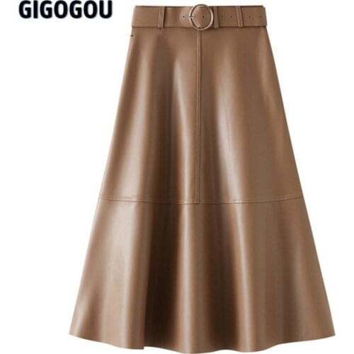 GIGOGOU Black PU Leather Skirt Women 2021 New Midi CHIC High Waist A Line Split Skirt Office Pleated Skirt Knee Length Autumn