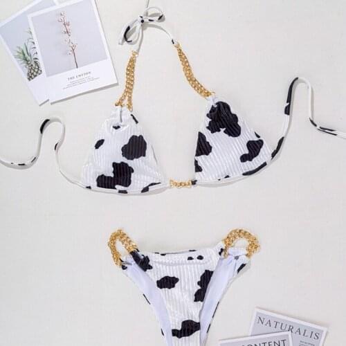 Womens Sexy Cow Print Velvet 2pcs Bikini Set with Scrunchies Halter Gold Metal Chain Patchwork Swimsuit Bathing Suit