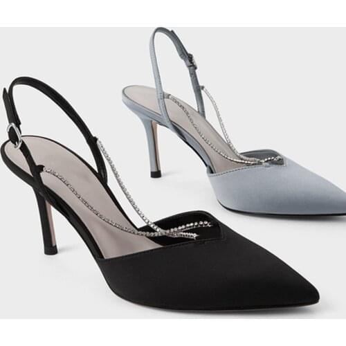 Women Suede Silk Front Cross Rhinestone Chain Single Flat High Heel Sandal Back Strap Slingback Pointed Toe Wedding Party Shoes