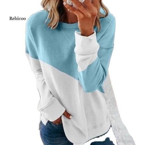 Womens Sweater Tops Color Matching Long-Sleeved Round Neck Contrast Color Loose Sweater T-Shirt Autumn New